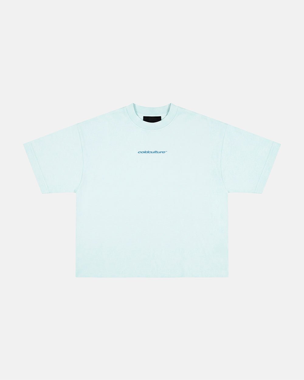 DISTRESS CURVED TEE BLUE - light blue distressed logo tee, front view - Cold Culture #packshot