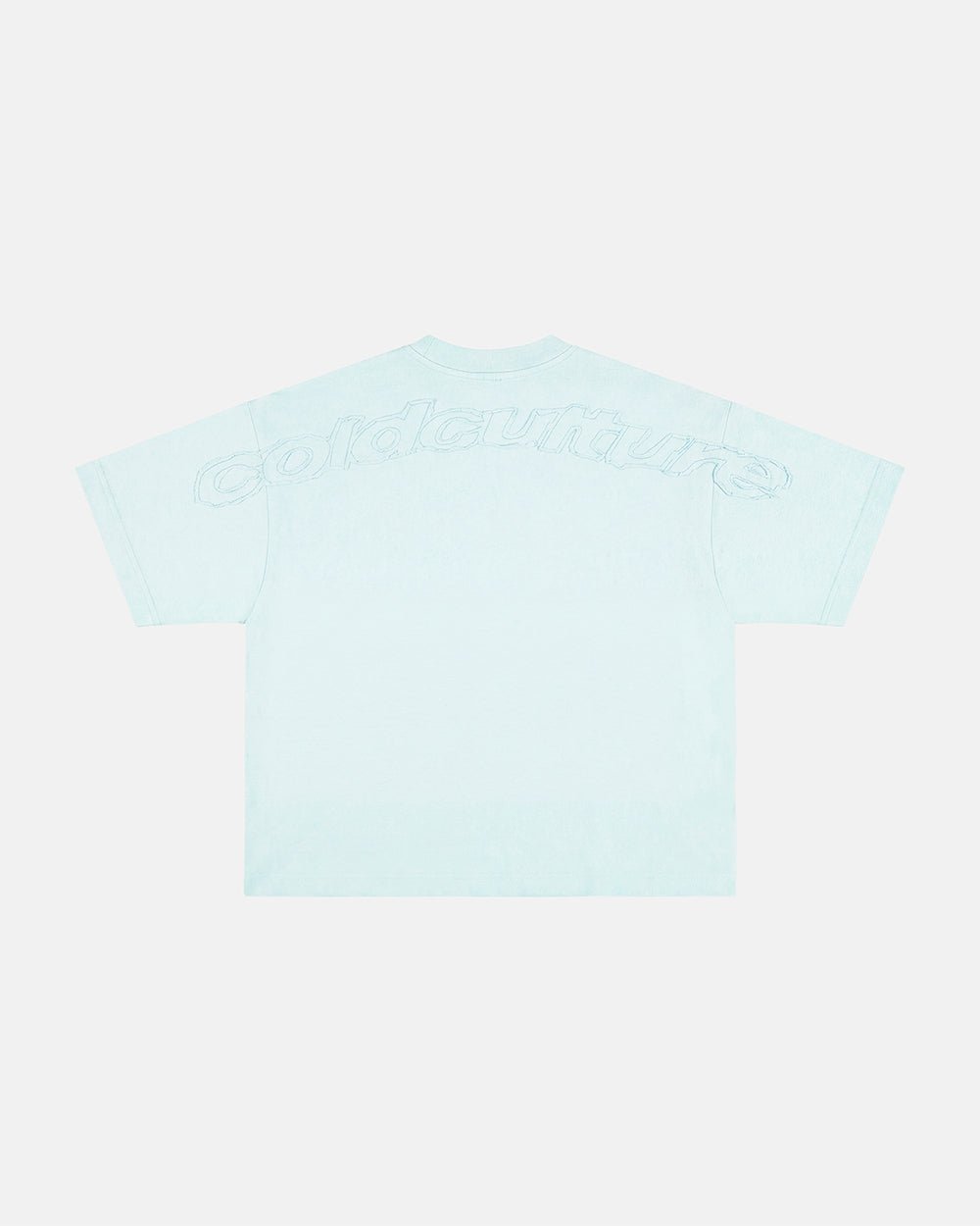 DISTRESS CURVED TEE BLUE - light blue distressed logo tee, back view - Cold Culture #packshot