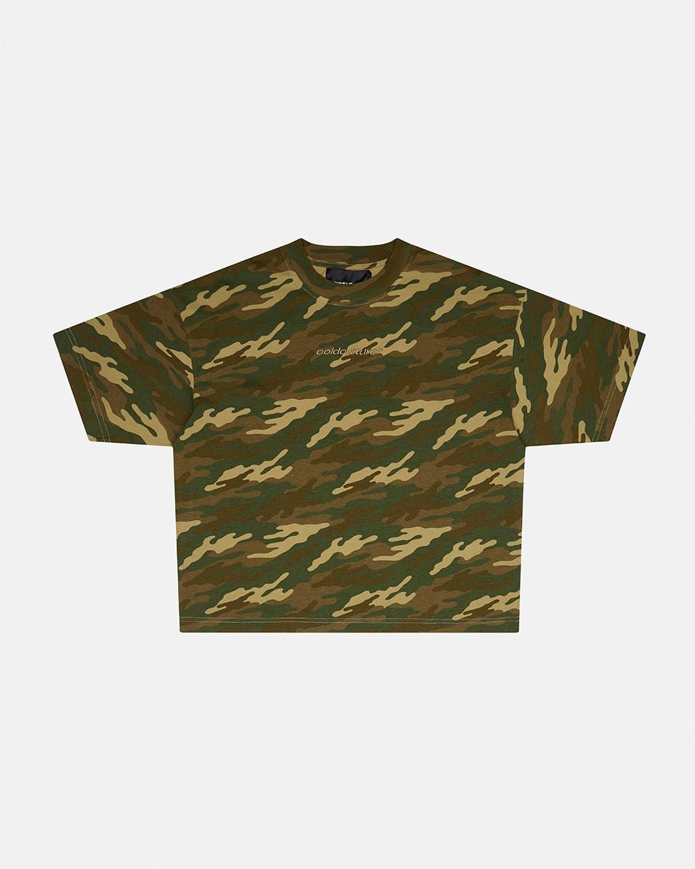 DISTRESS CURVED TEE CAMO - camo oversized tee, front view - Cold Culture #packshot
