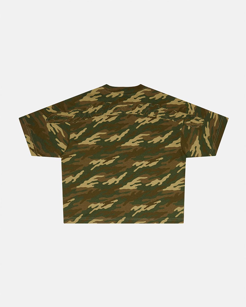 DISTRESS CURVED TEE CAMO - camo oversized tee, back view - Cold Culture #packshot