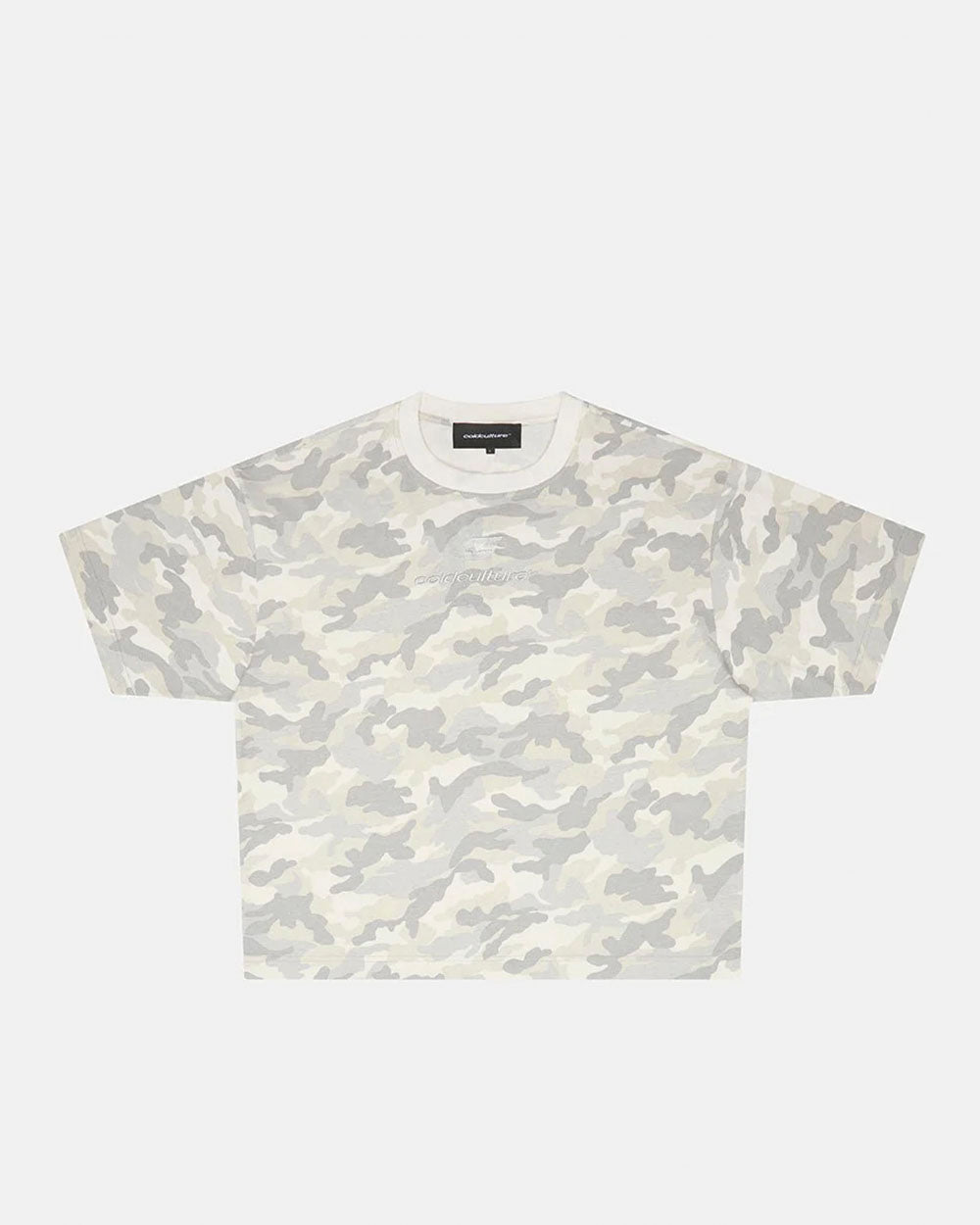 DISTRESS CURVED TEE CAMO GREY - grey camo tee, front view - Cold Culture #packshot