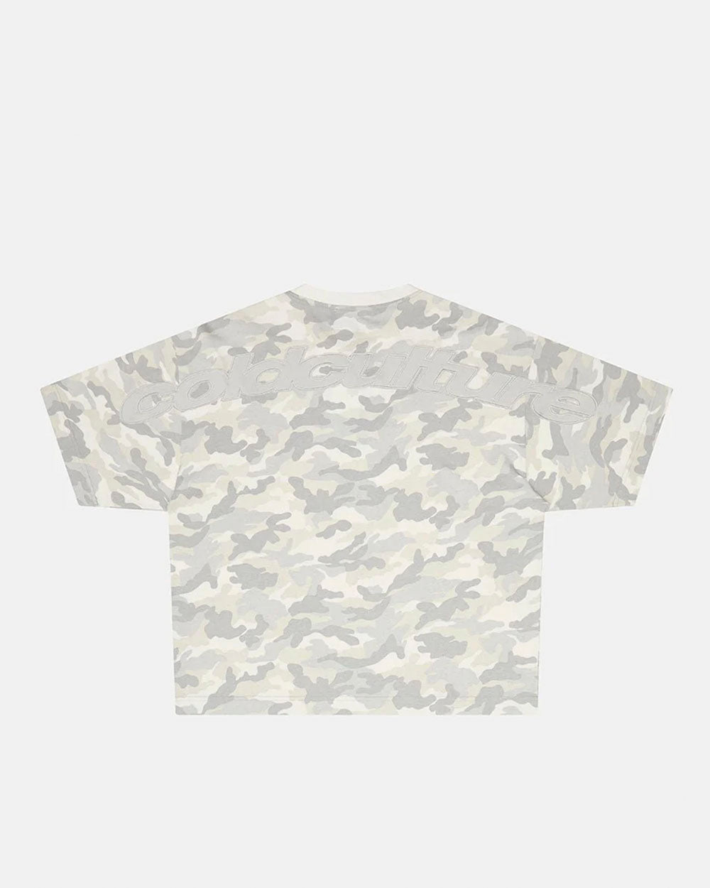 DISTRESS CURVED TEE CAMO GREY - grey camo tee, back view - Cold Culture #packshot