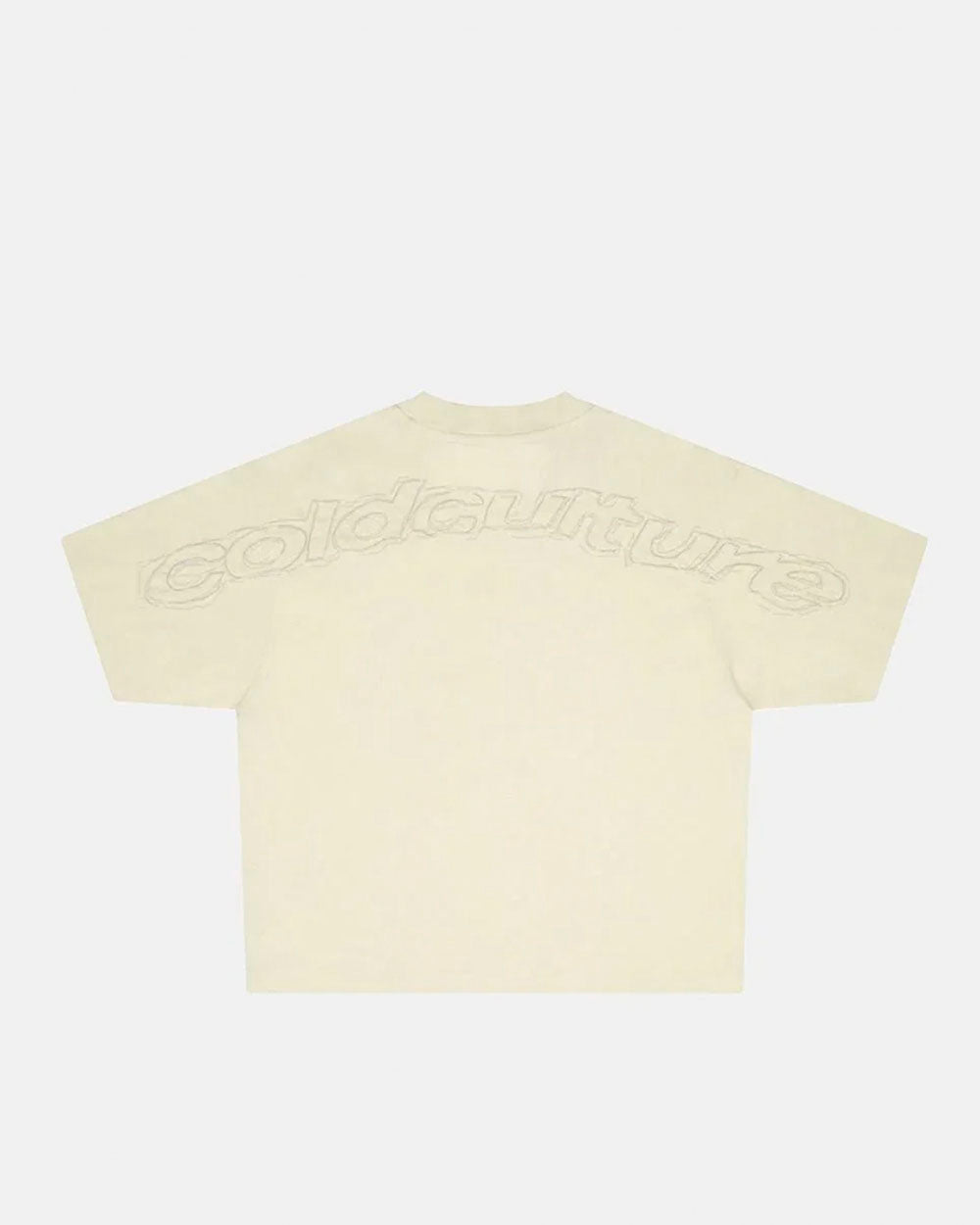 DISTRESS CURVED TEE CREAM - cream distressed tee, back view - Cold Culture #packshot