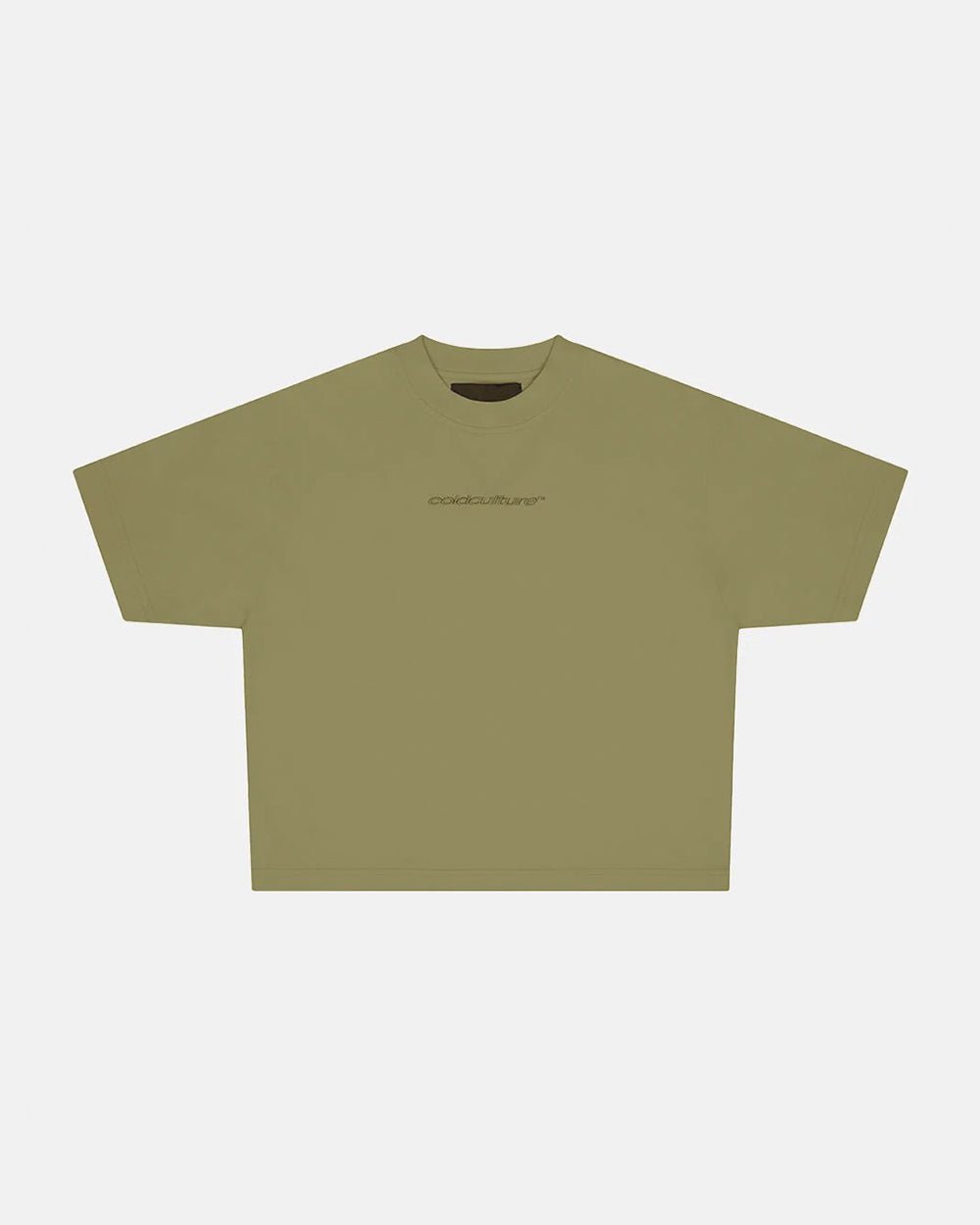 DISTRESS CURVED TEE GREEN - olive green boxy tee, front view - Cold Culture #packshot