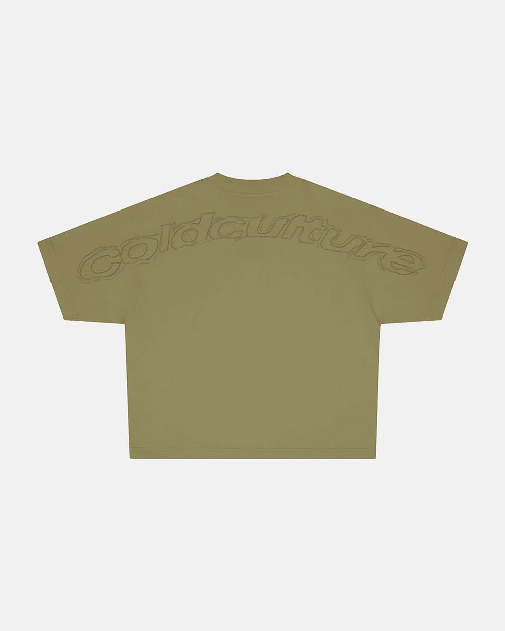 DISTRESS CURVED TEE GREEN - olive green boxy tee, back view - Cold Culture #packshot