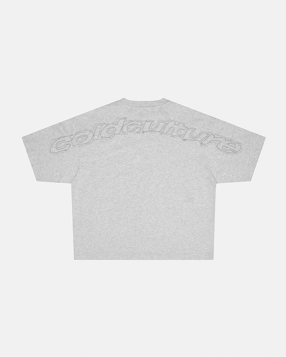 DISTRESS CURVED TEE HEATHER GREY - heather grey applique logo tee, back view - Cold Culture #packshot