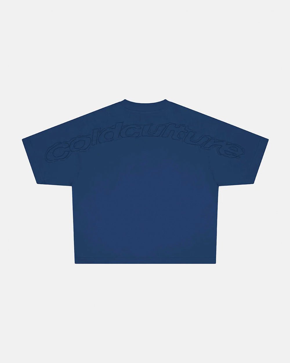 DISTRESS CURVED TEE NAVY - navy blue boxy tee, back view - Cold Culture #packshot