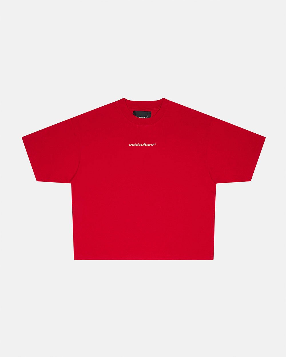 DISTRESS CURVED TEE RED - red distressed tee, front view - Cold Culture #packshot
