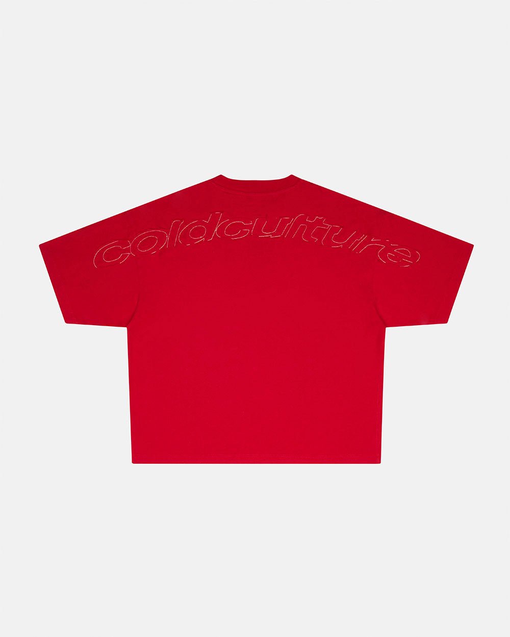 DISTRESS CURVED TEE RED - red distressed tee, back view - Cold Culture #packshot