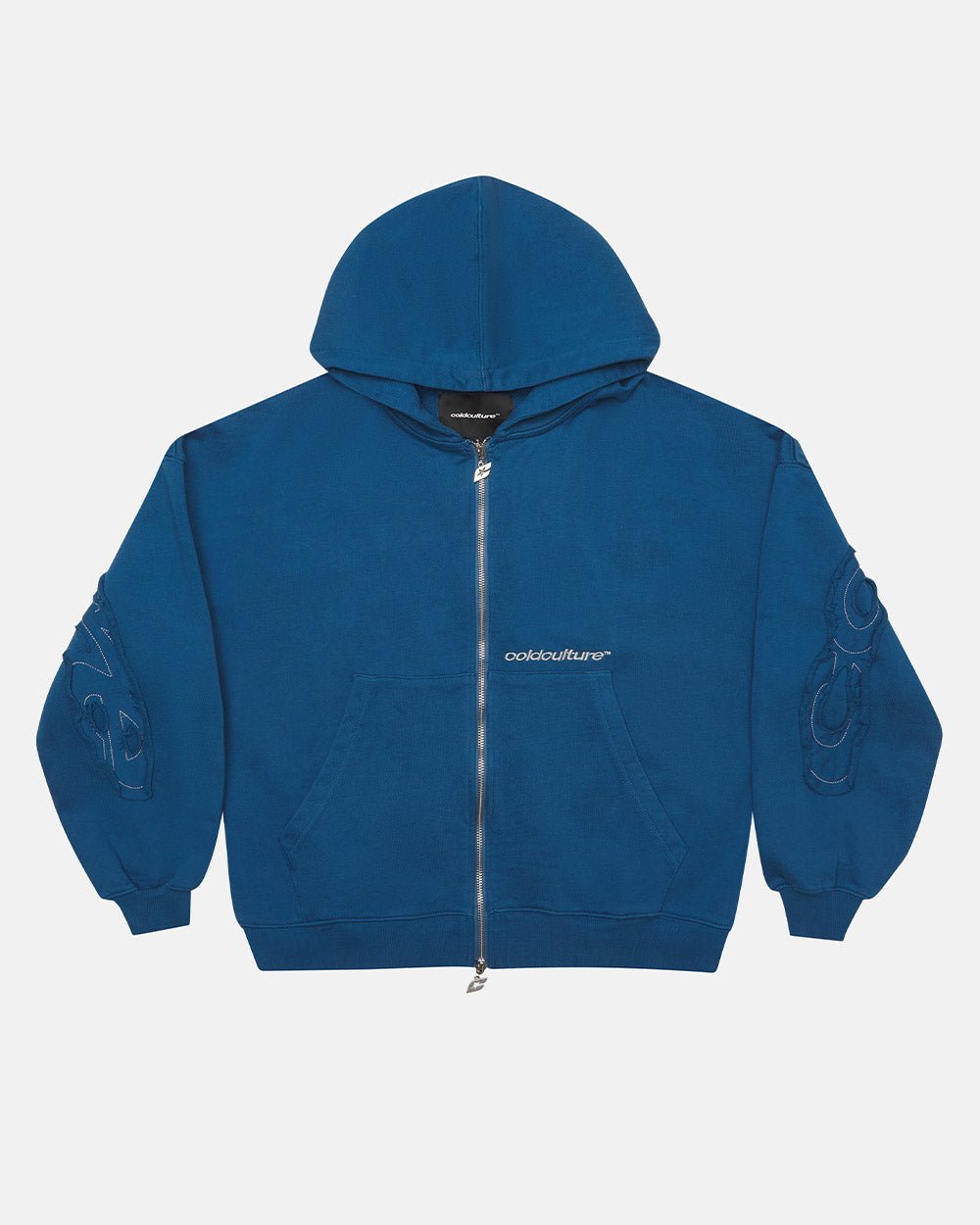DISTRESS CURVED ZIP HOODIE DARK BLUE - dark blue distressed zip-up hoodie, front view - Cold Culture #packshot