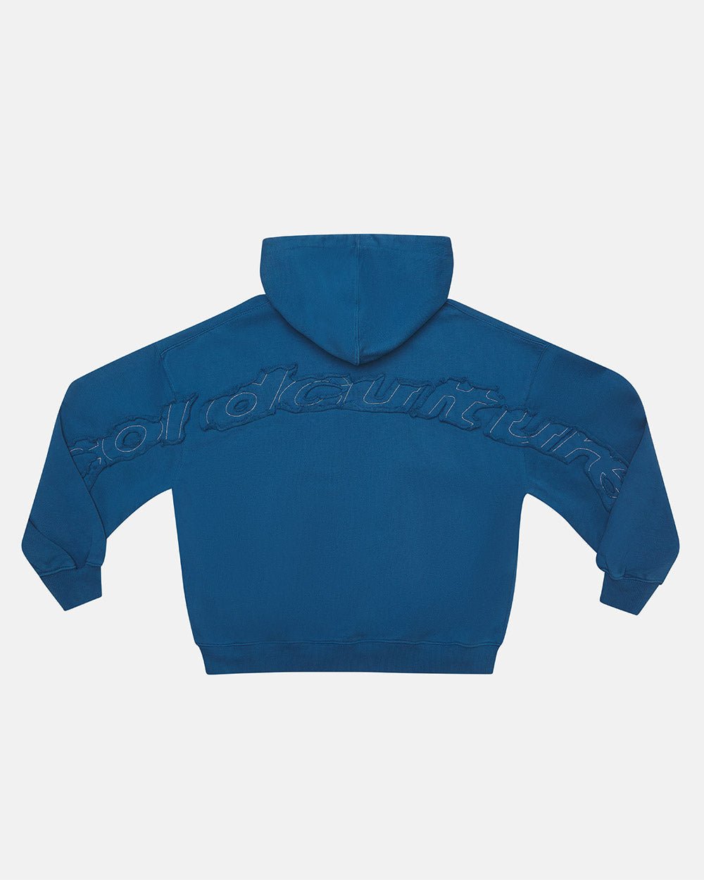 DISTRESS CURVED ZIP HOODIE DARK BLUE - dark blue distressed zip-up hoodie, back view - Cold Culture #packshot