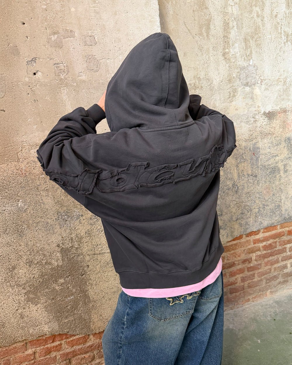 DISTRESS CURVED ZIP HOODIE DARK GREY - dark grey distressed zip-up hoodie, street style shot - Cold Culture
