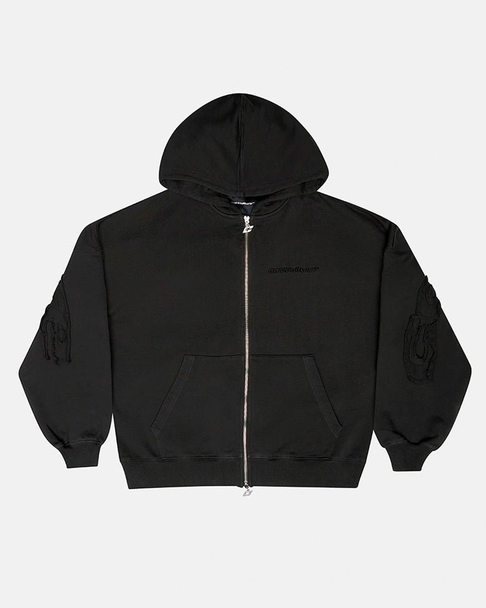 DISTRESS CURVED ZIP HOODIE DARK GREY - dark grey distressed zip-up hoodie, front view - Cold Culture #packshot