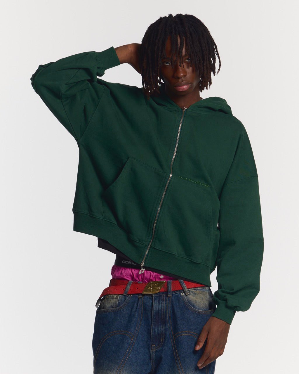 DISTRESS CURVED ZIP HOODIE GREEN - green distressed zip-up hoodie, front view on male model - Cold Culture #man