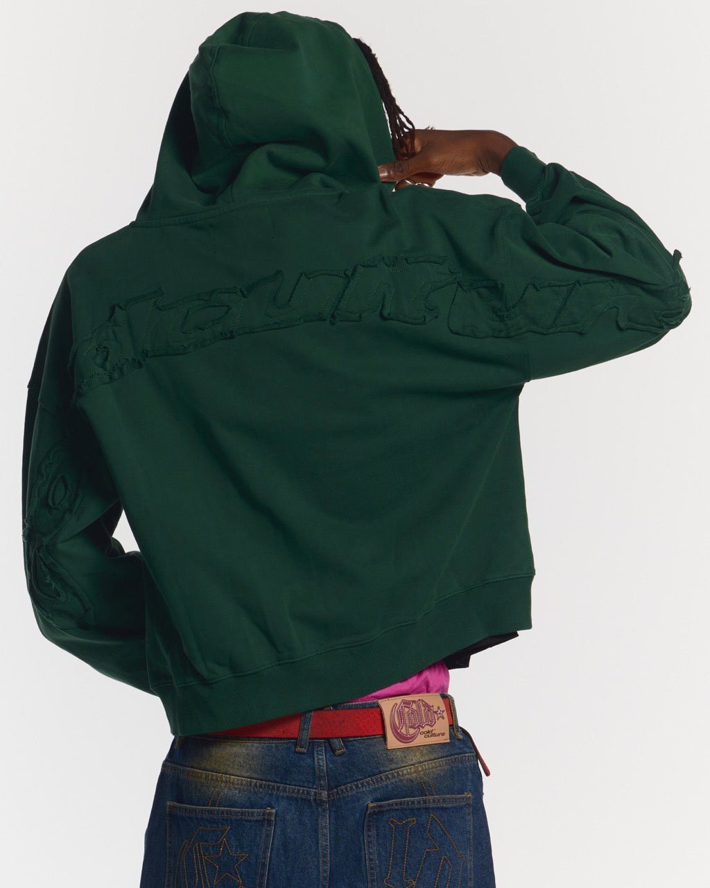 DISTRESS CURVED ZIP HOODIE GREEN - green distressed zip-up hoodie, back view on male model - Cold Culture