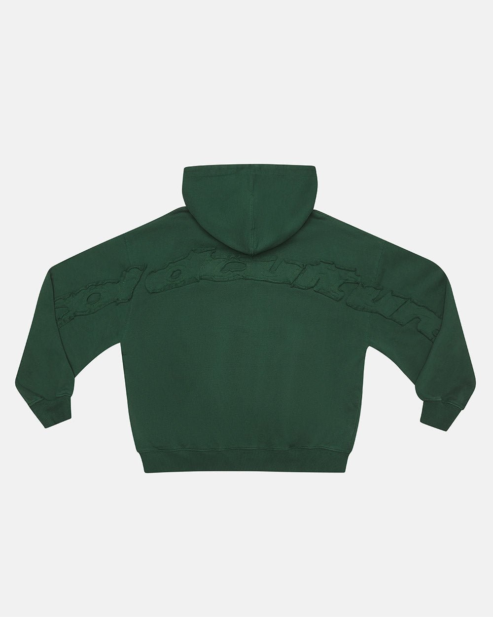 DISTRESS CURVED ZIP HOODIE GREEN - green distressed zip-up hoodie, back view - Cold Culture #packshot