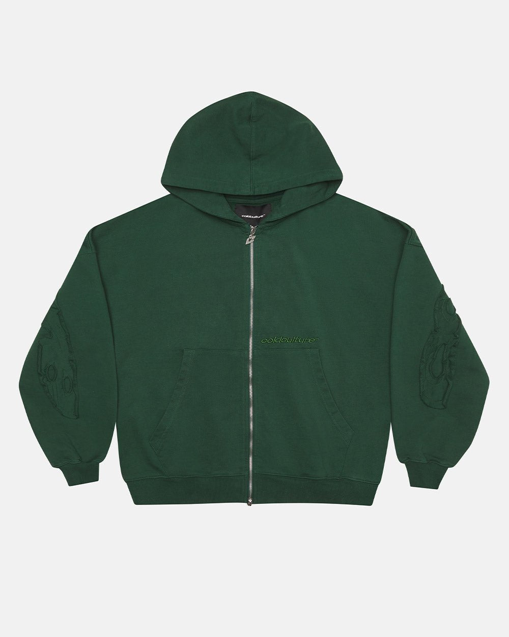 DISTRESS CURVED ZIP HOODIE GREEN - green distressed zip-up hoodie, front view - Cold Culture #packshot
