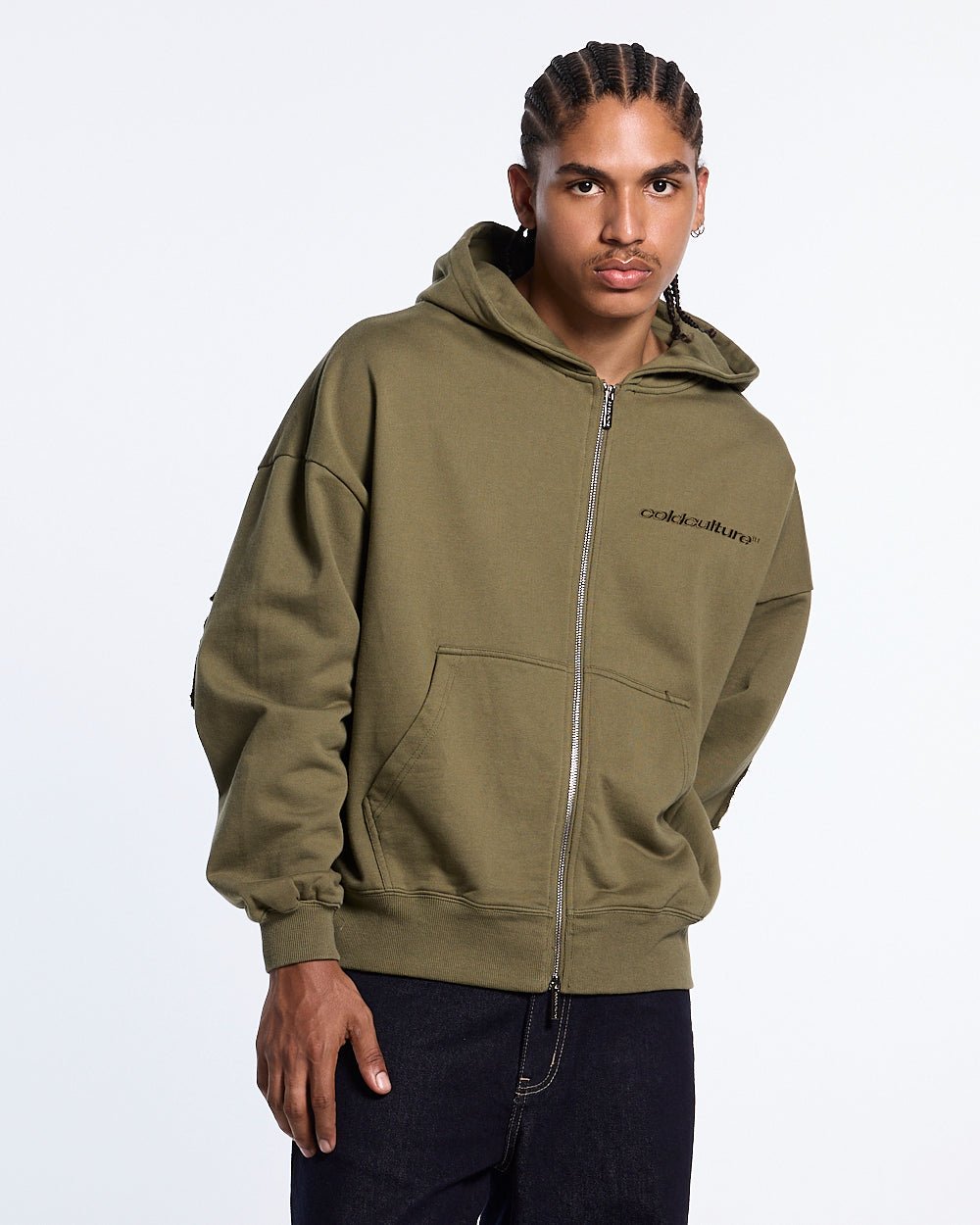 DISTRESS CURVED ZIP HOODIE GREEN LIGHT - Cold Culture #man