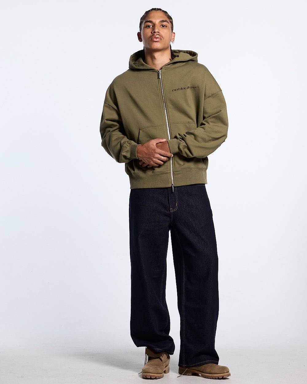 DISTRESS CURVED ZIP HOODIE GREEN LIGHT - Cold Culture #man