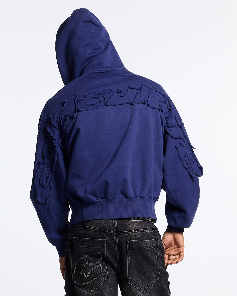 DISTRESS CURVED ZIP HOODIE NAVY - Cold Culture