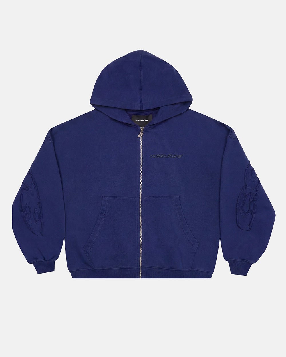 DISTRESS CURVED ZIP HOODIE NAVY - Cold Culture #packshot