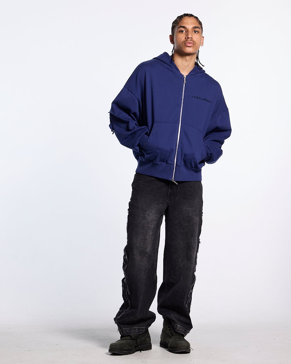 DISTRESS CURVED ZIP HOODIE NAVY - Cold Culture #man