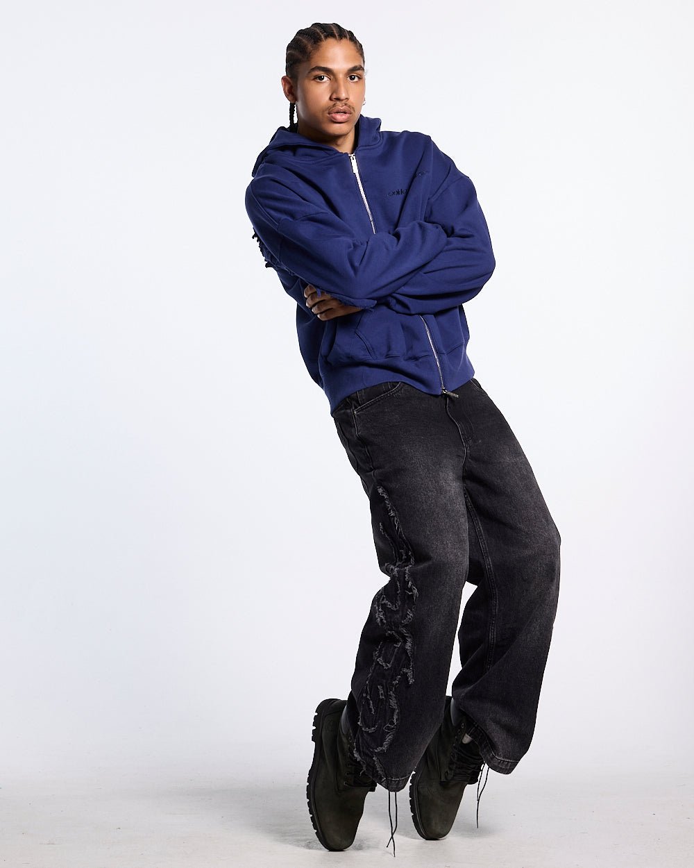 DISTRESS CURVED ZIP HOODIE NAVY - Cold Culture #man