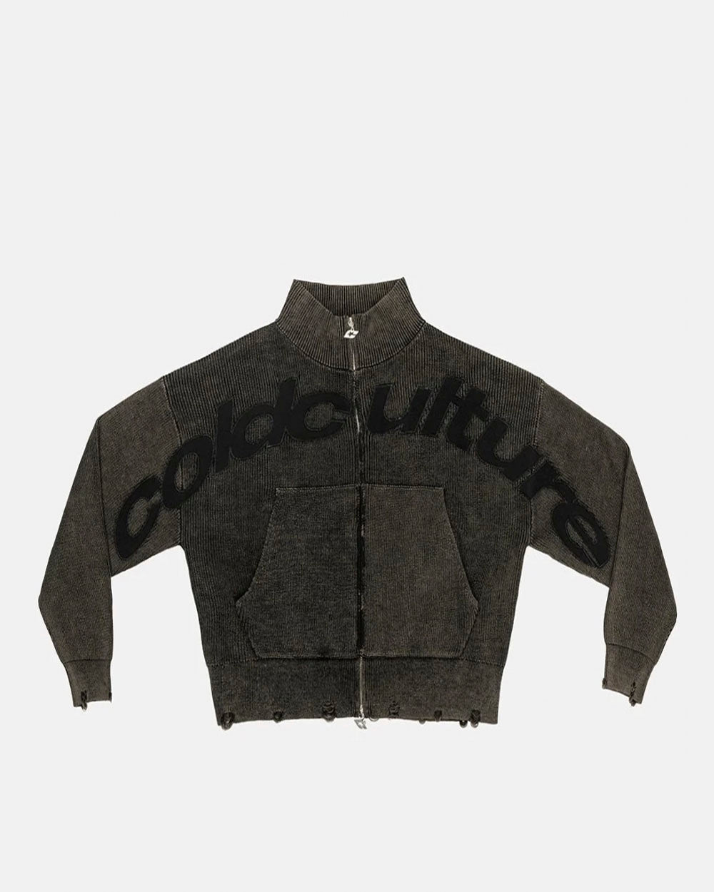 DISTRESS CURVED ZIP KNIT BLACK - black washed zip knit sweater, front view - Cold Culture #packshot