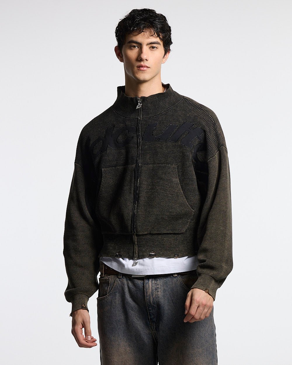 DISTRESS CURVED ZIP KNIT BLACK - black washed zip knit sweater, front view on male model - Cold Culture #man
