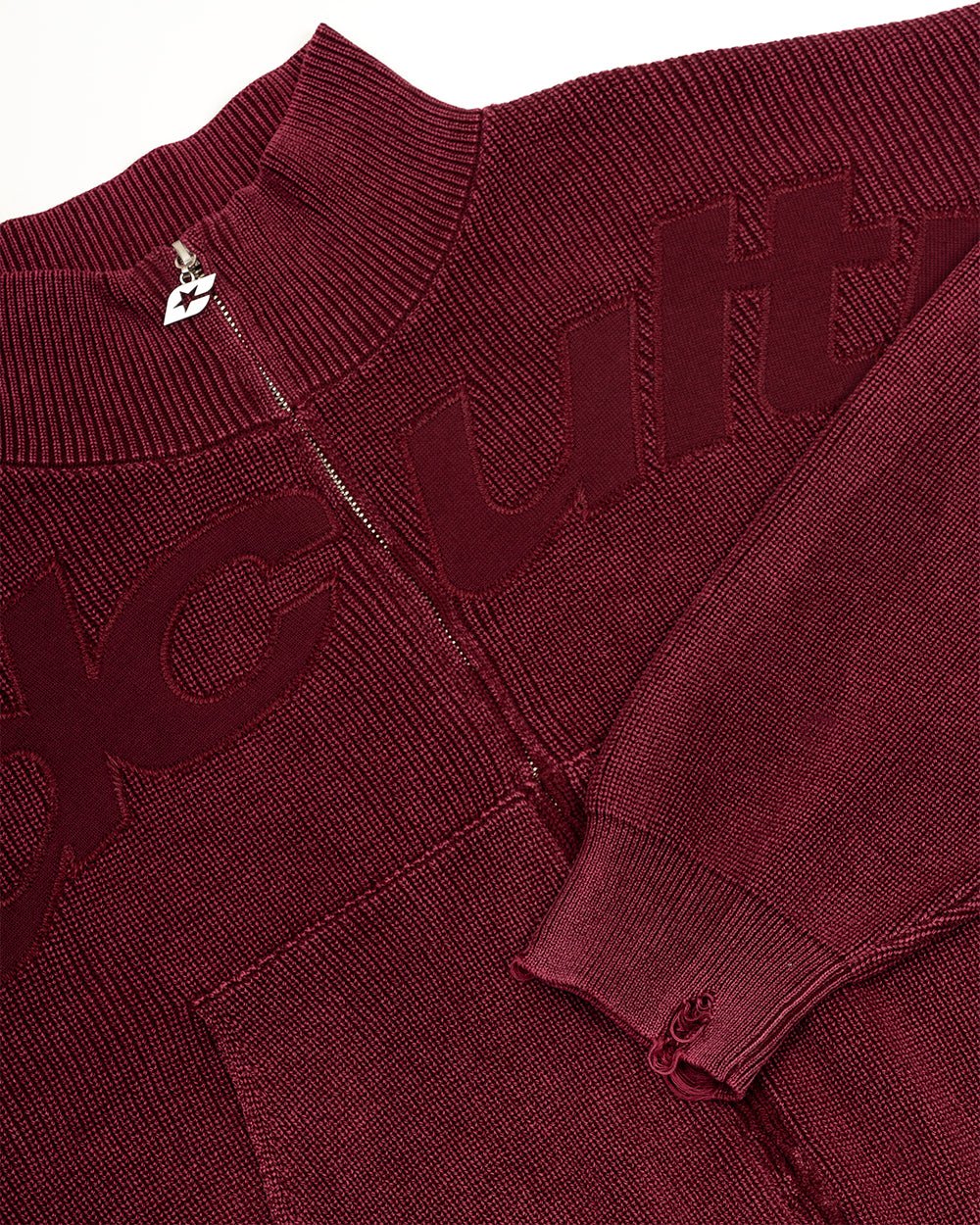 DISTRESS CURVED ZIP KNIT BURGUNDY - burgundy washed zip knit sweater, detail close-up - Cold Culture
