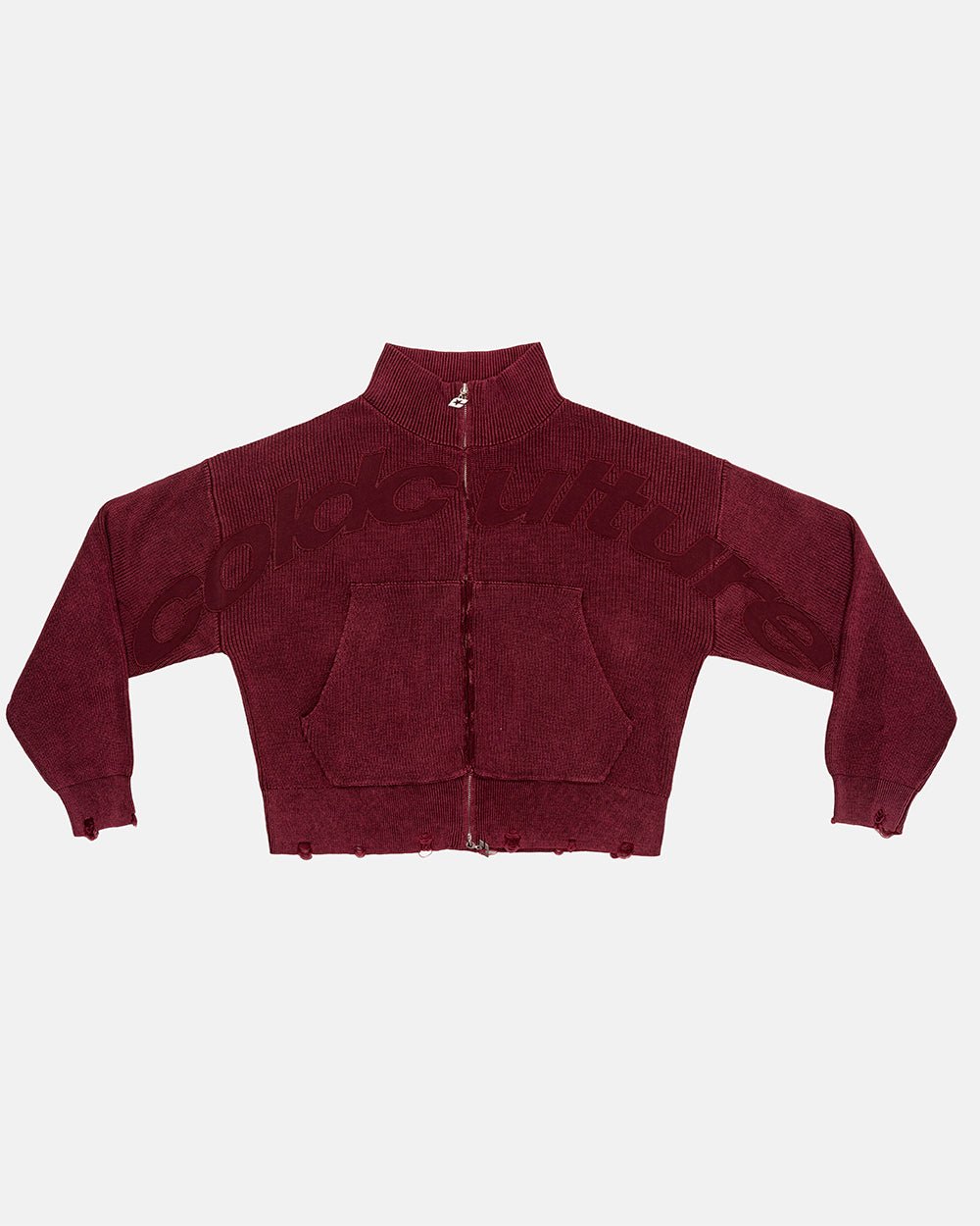 DISTRESS CURVED ZIP KNIT BURGUNDY - burgundy washed zip knit sweater, front view - Cold Culture #packshot