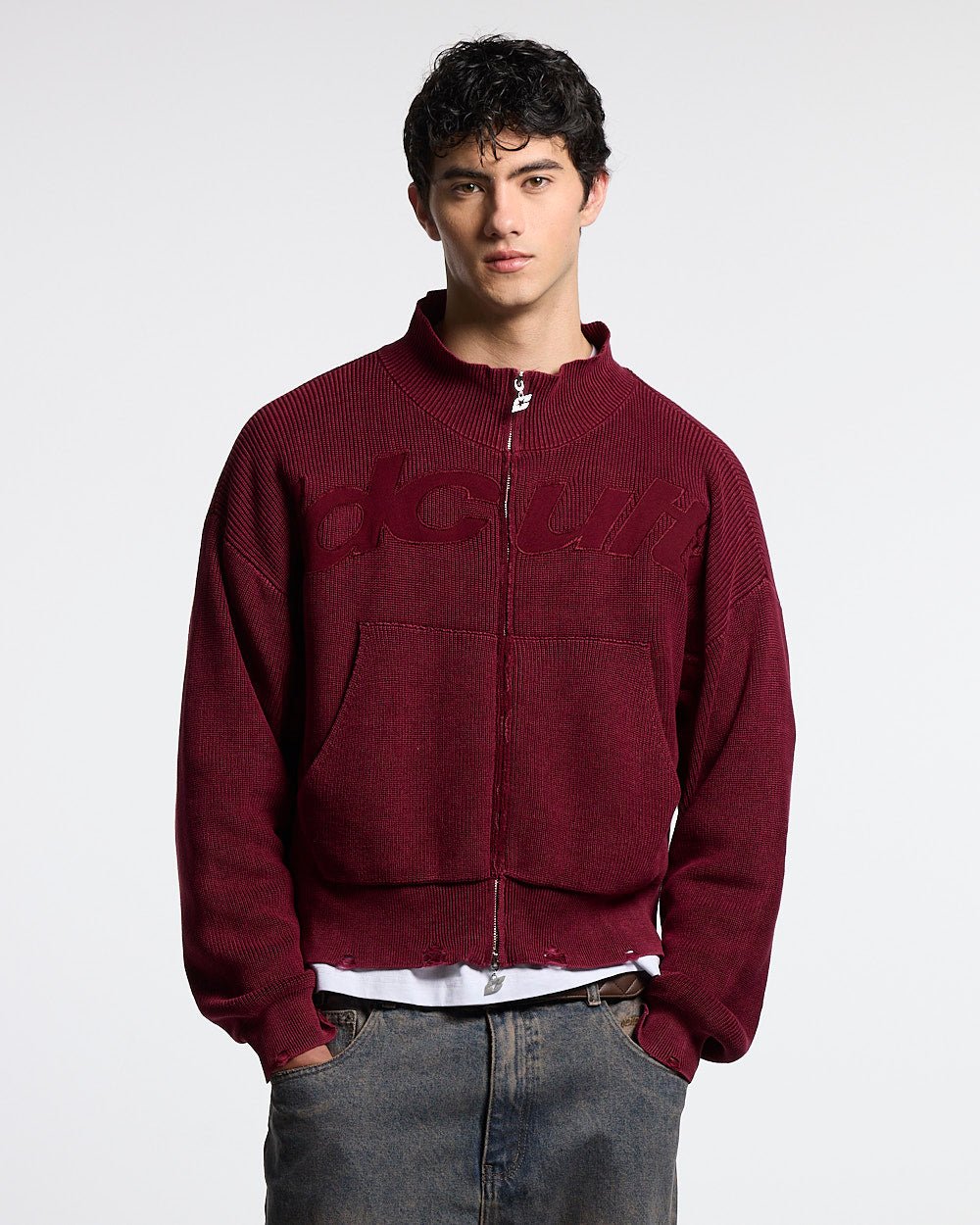 DISTRESS CURVED ZIP KNIT BURGUNDY - burgundy washed zip knit sweater, front view on male model - Cold Culture #man