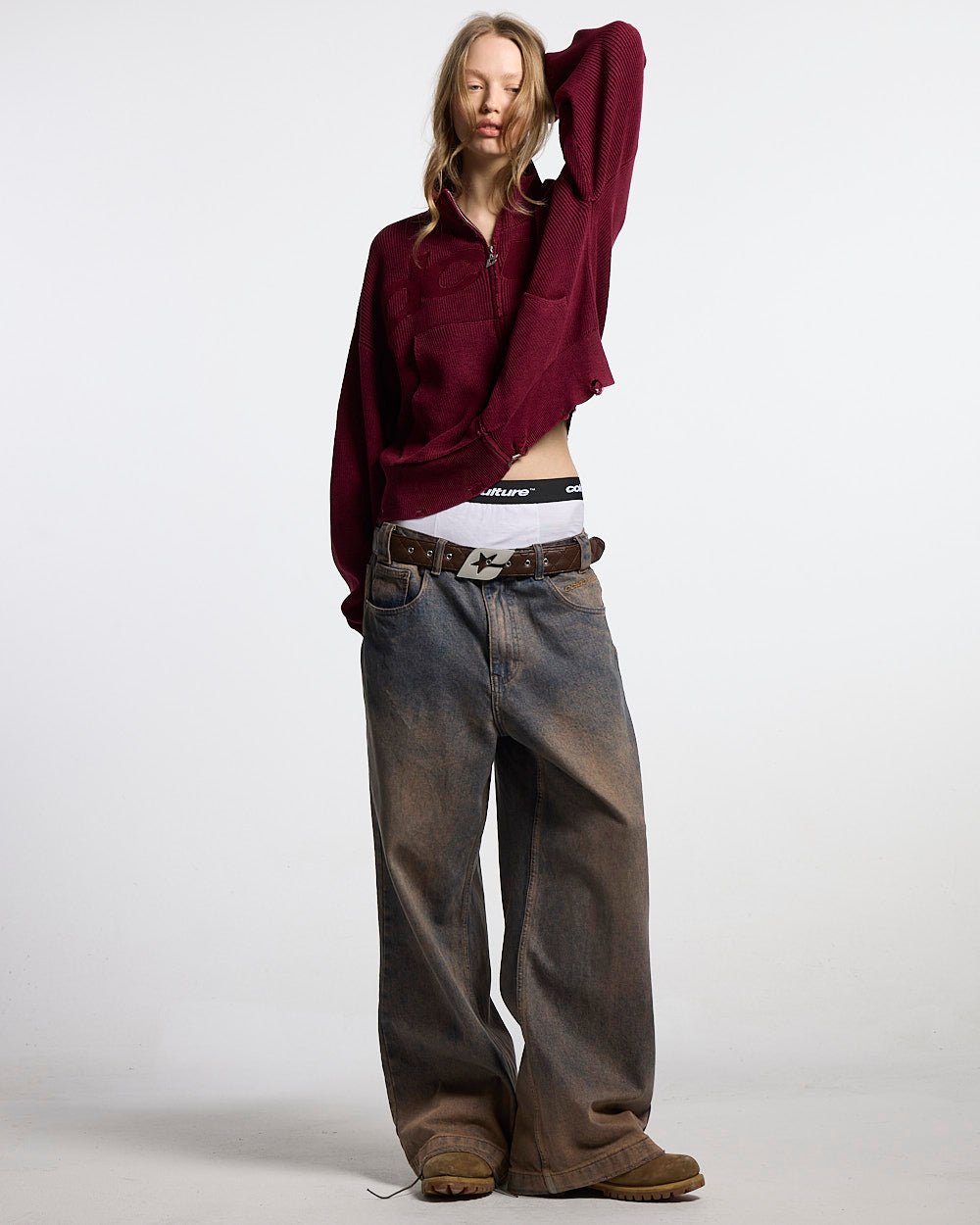 DISTRESS CURVED ZIP KNIT BURGUNDY - burgundy washed zip knit sweater, front view on female model - Cold Culture #woman