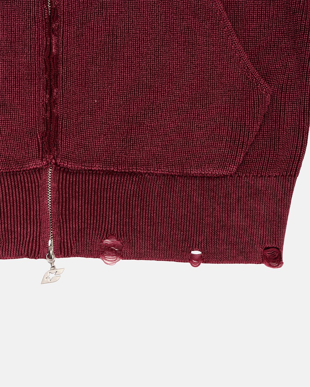 DISTRESS CURVED ZIP KNIT BURGUNDY - burgundy washed zip knit sweater, detail close-up - Cold Culture