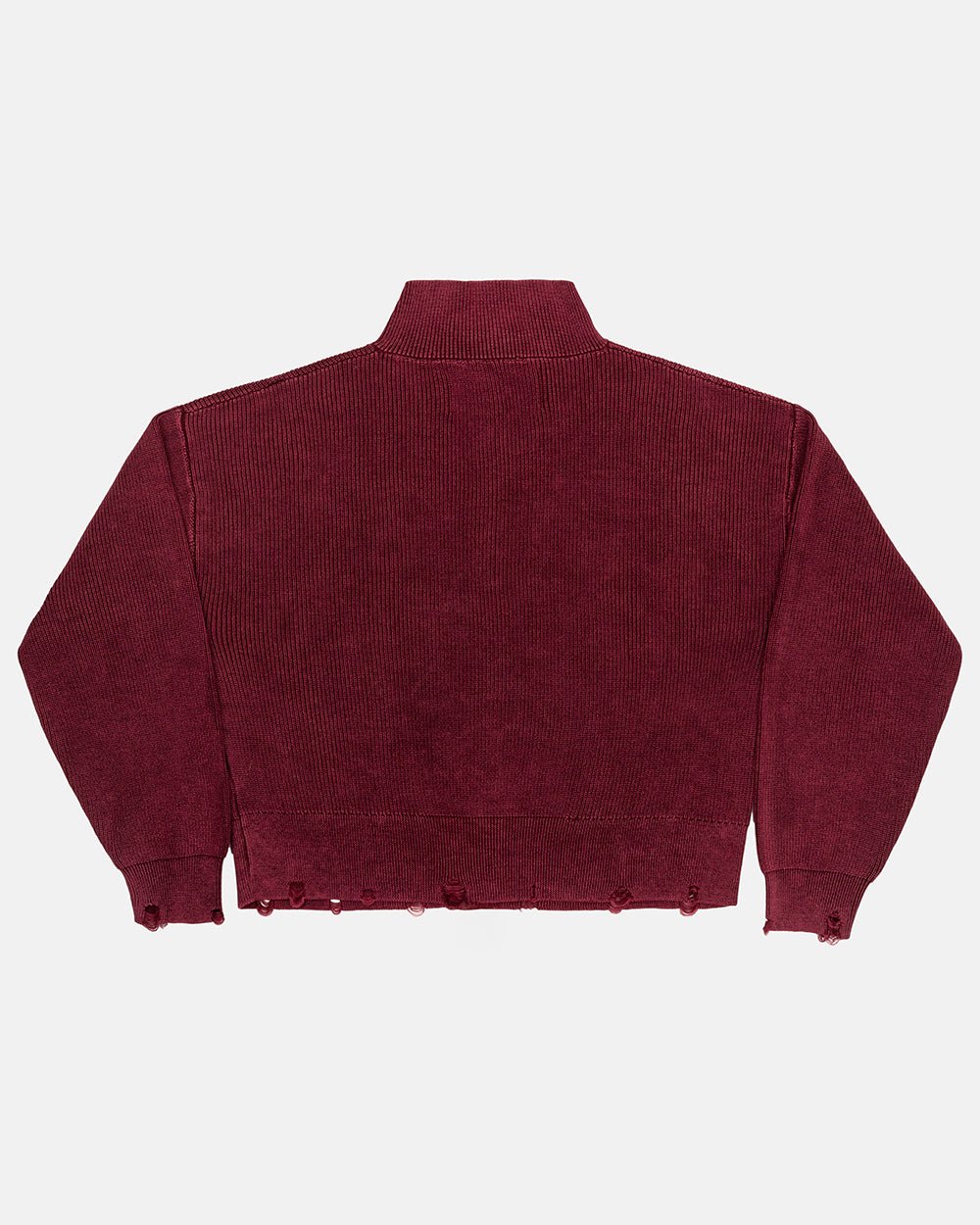 DISTRESS CURVED ZIP KNIT BURGUNDY - burgundy washed zip knit sweater, back view - Cold Culture #packshot