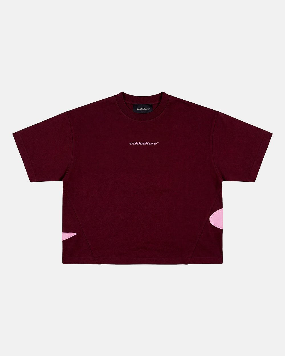 DISTRESS DEFENSE TEE BURGUNDY - burgundy graphic print tee, front view - Cold Culture #woman