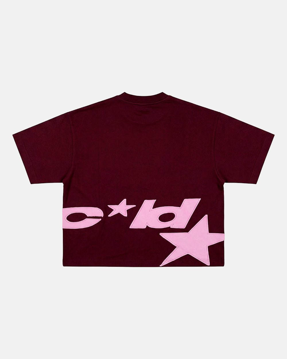DISTRESS DEFENSE TEE BURGUNDY - burgundy graphic print tee, back view - Cold Culture #packshot