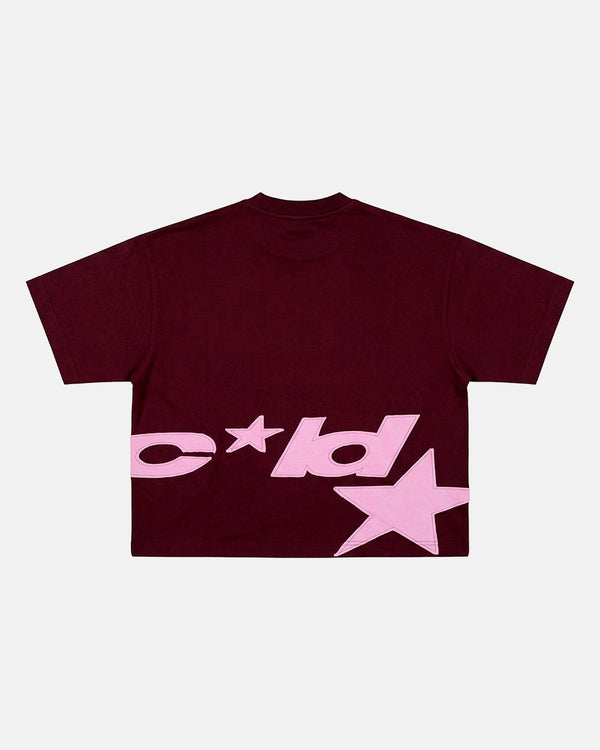 DISTRESS DEFENSE TEE BURGUNDY - burgundy graphic print tee, back view - Cold Culture #packshot