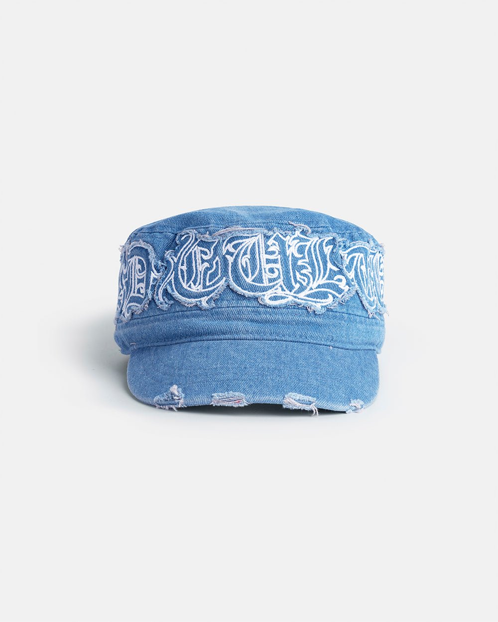 DISTRESS GOTHIC CAP DENIM - blue distressed denim cap, front view - Cold Culture #packshot