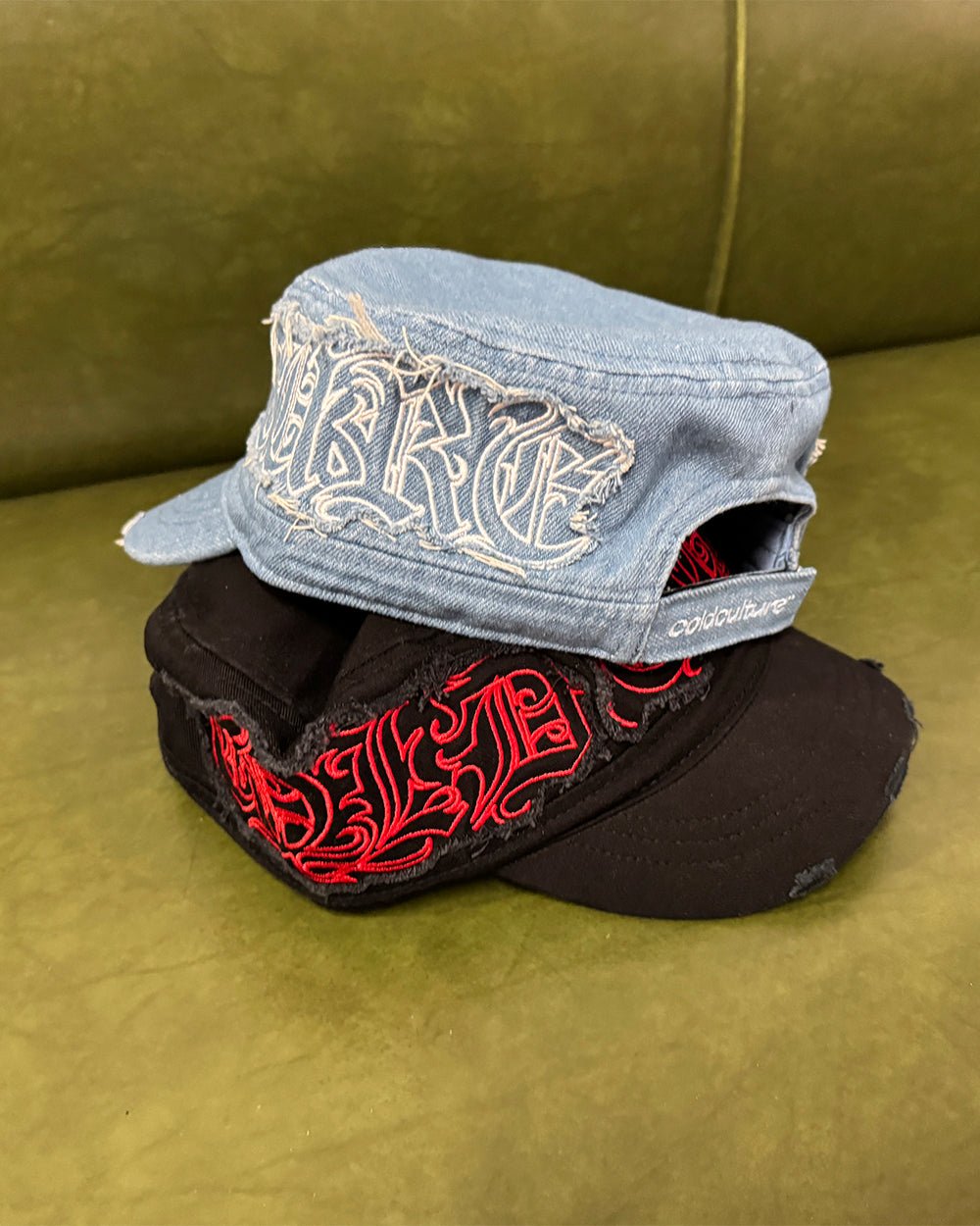 DISTRESS GOTHIC CAP DENIM - blue distressed denim cap, flat lay with matching pieces - Cold Culture