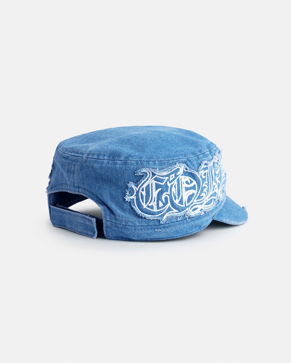 DISTRESS GOTHIC CAP DENIM - blue distressed denim cap, back view - Cold Culture #packshot