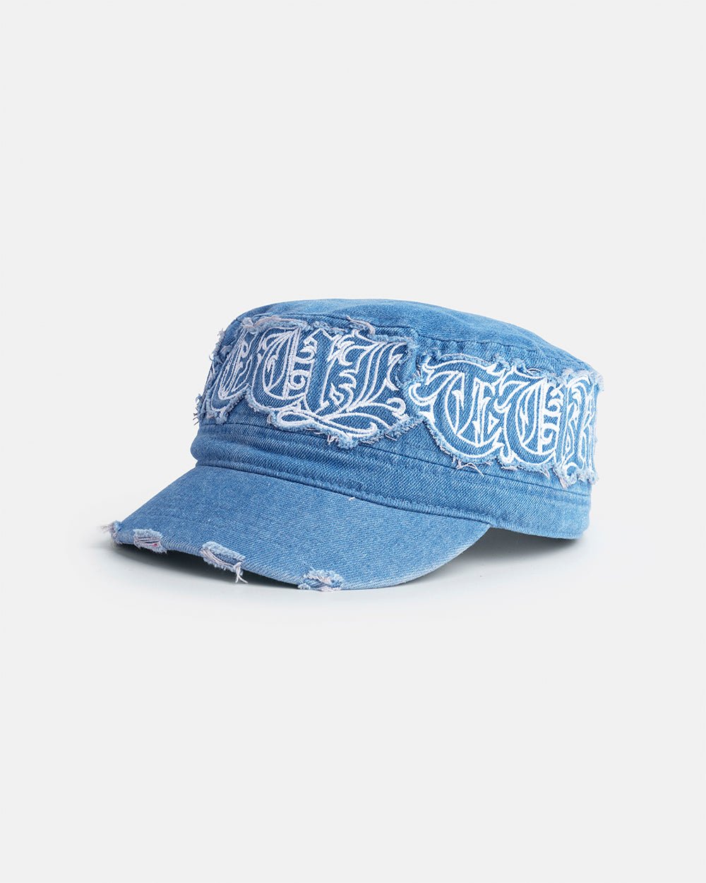 DISTRESS GOTHIC CAP DENIM - blue distressed denim cap, side view - Cold Culture #packshot