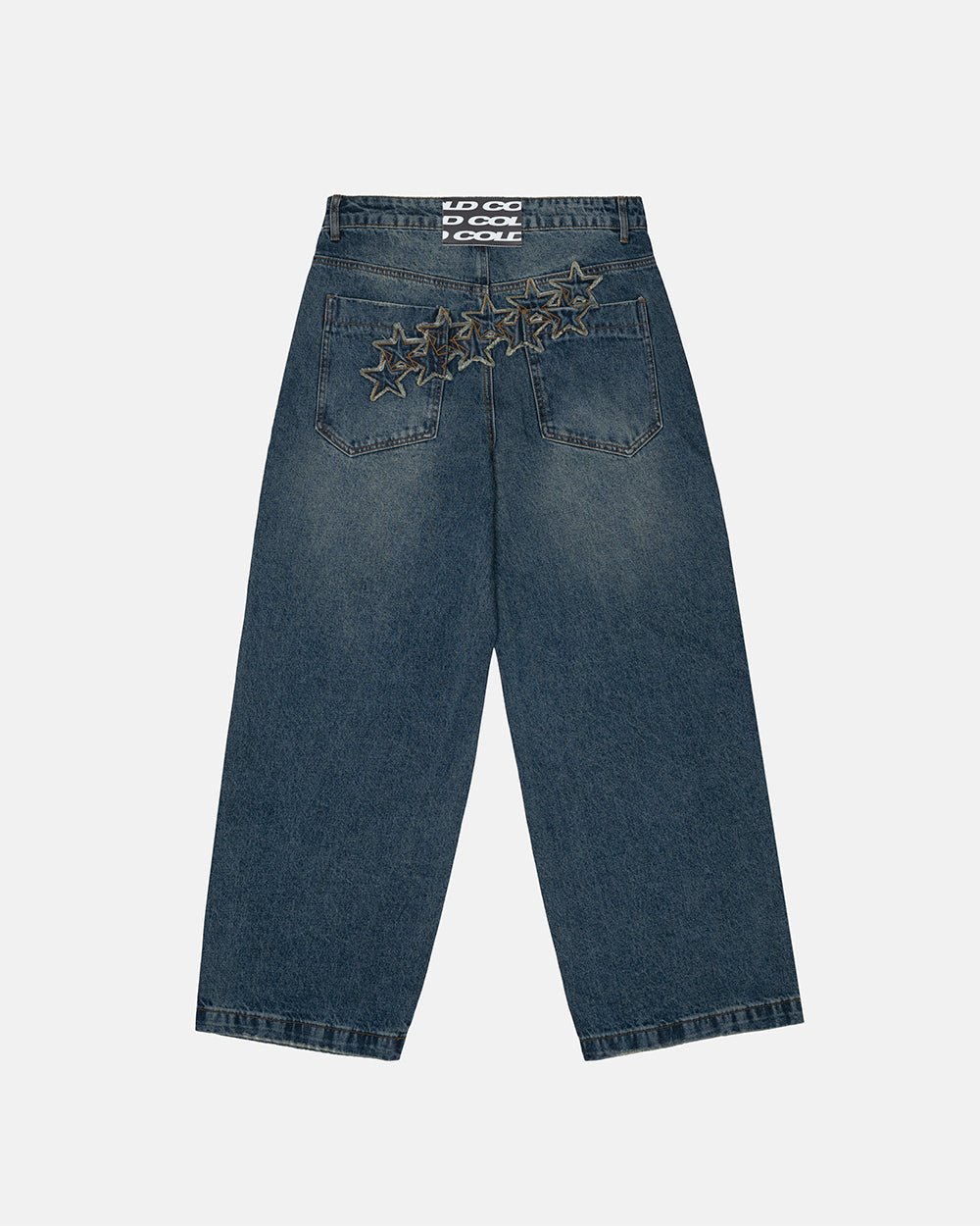 DISTRESS STARS V2 PANTS BLUE DENIM - blue washed denim pants, back view - Cold Culture #packshot