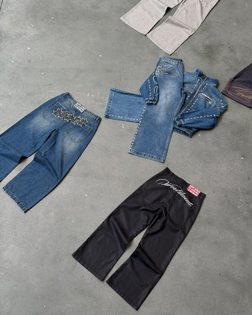 DISTRESS STARS V2 PANTS BLUE DENIM - blue washed denim pants, flat lay with matching pieces - Cold Culture