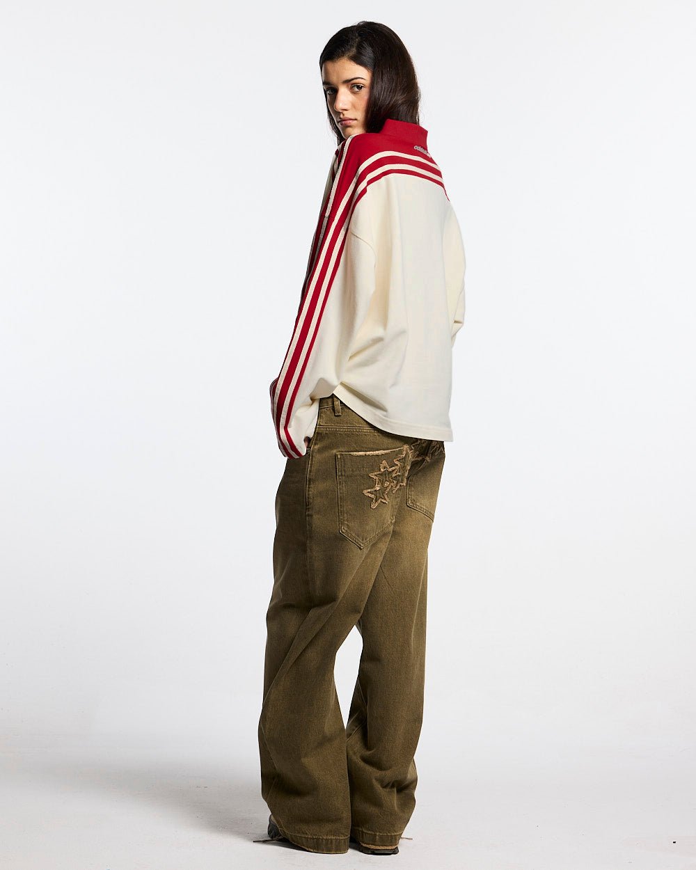 DISTRESS STARS V2 PANTS BROWN DENIM - brown washed denim pants, back view on female model - Cold Culture #woman