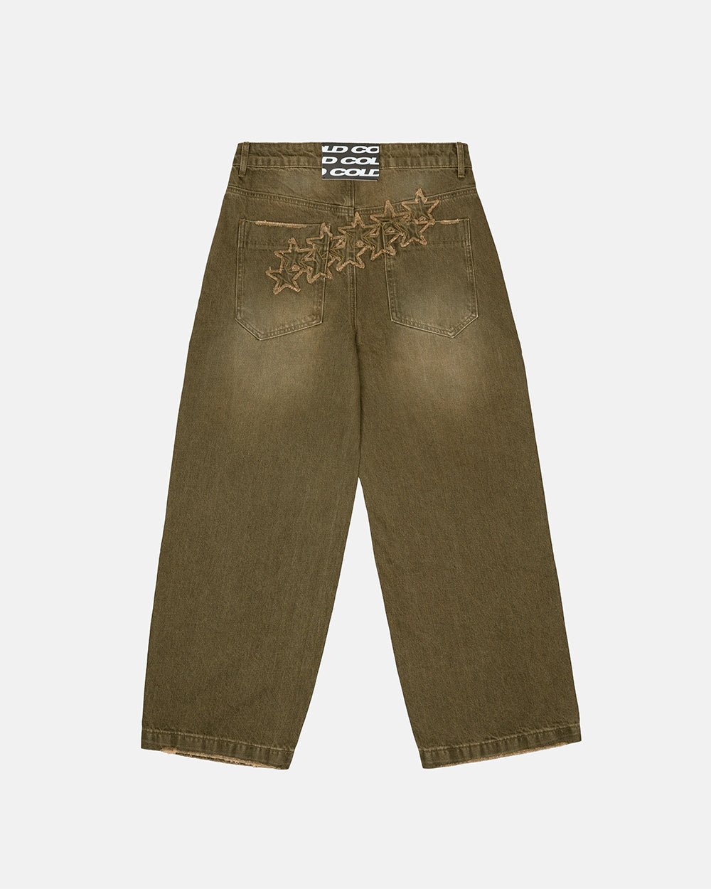 DISTRESS STARS V2 PANTS BROWN DENIM - brown washed denim pants, back view - Cold Culture #packshot