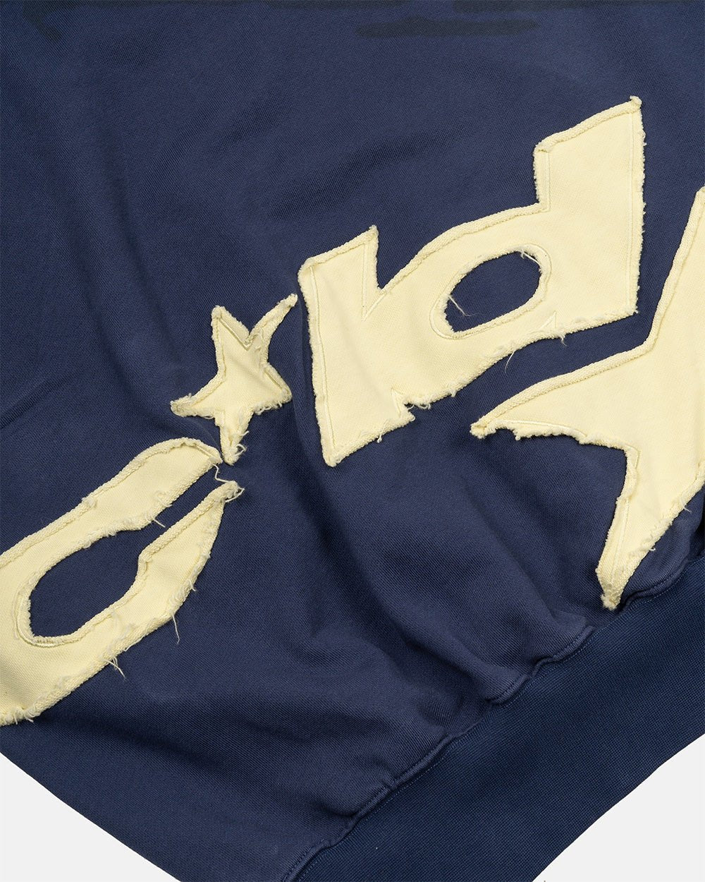 DISTRESSED DEFENSE HOODIE NAVY - navy distressed hoodie, detail close-up - Cold Culture