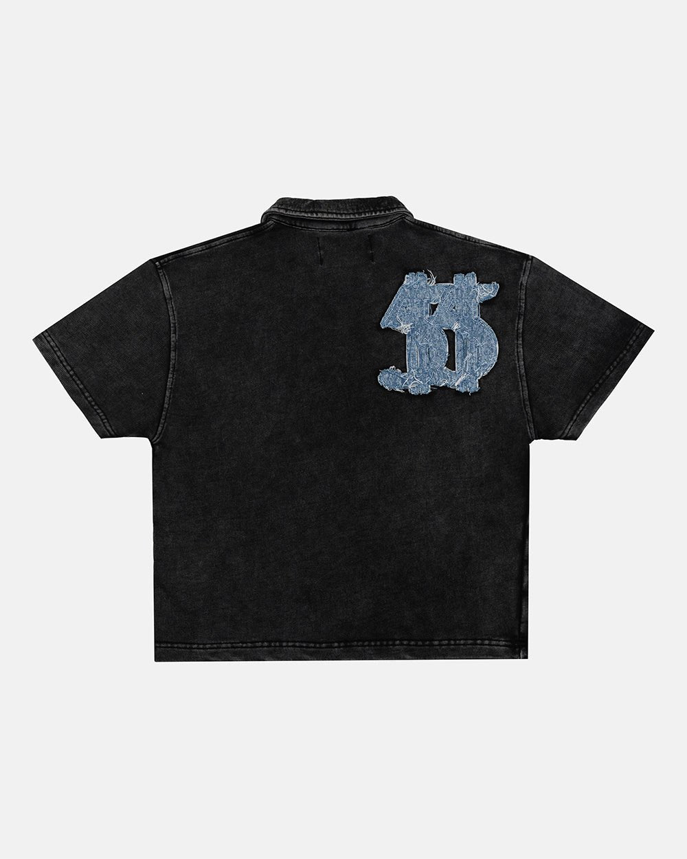 DISTRESSED DOLLAR POLO BLACK - black polo with denim applique, back view - Cold Culture #packshot
