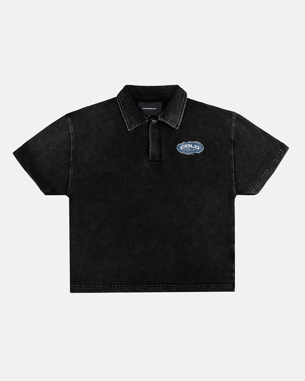 DISTRESSED DOLLAR POLO BLACK - black polo with denim applique, front view - Cold Culture #packshot