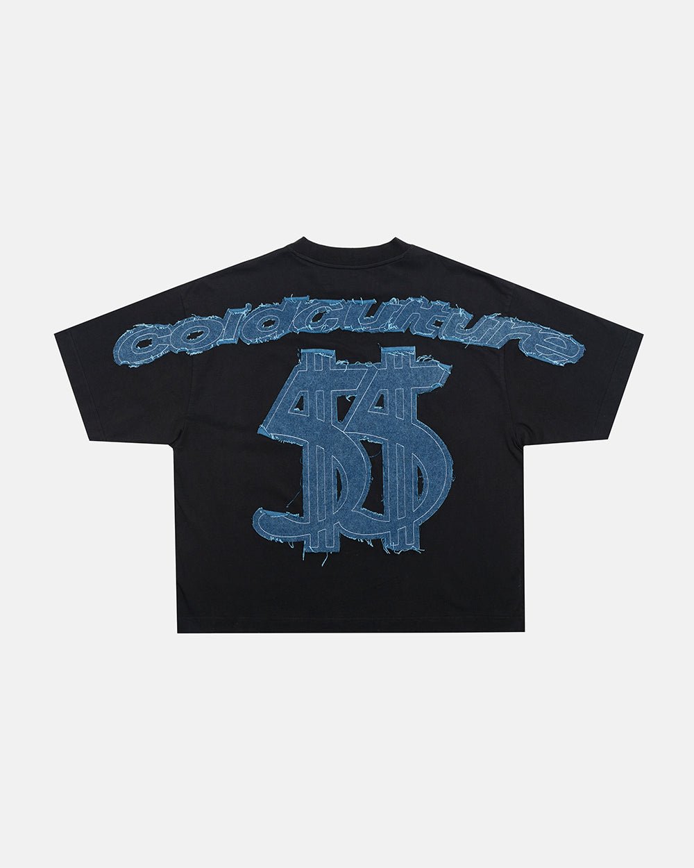 DISTRESSED DOLLAR TEE BLACK - black tee with denim applique, back view - Cold Culture #packshot